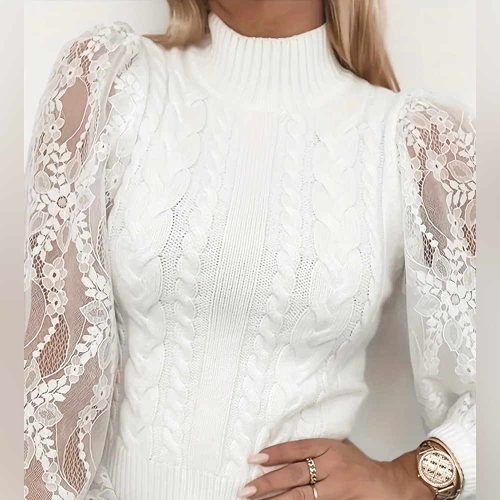 NWOT Cable-Knit Lace-Sleeved Sweater